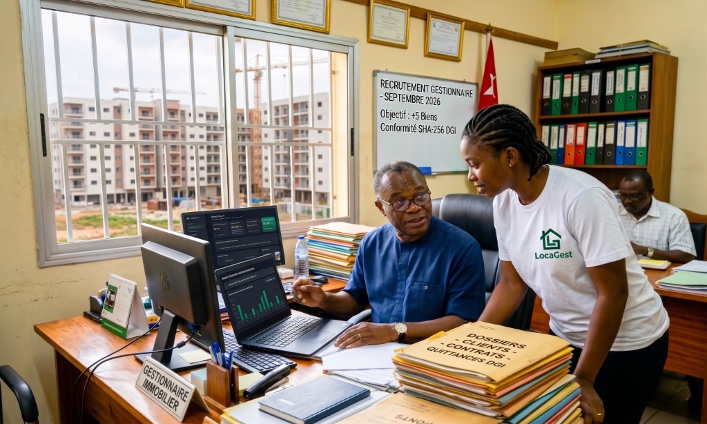 Une conseillère LocaGest accompagne un gestionnaire immobilier dans son bureau en Afrique